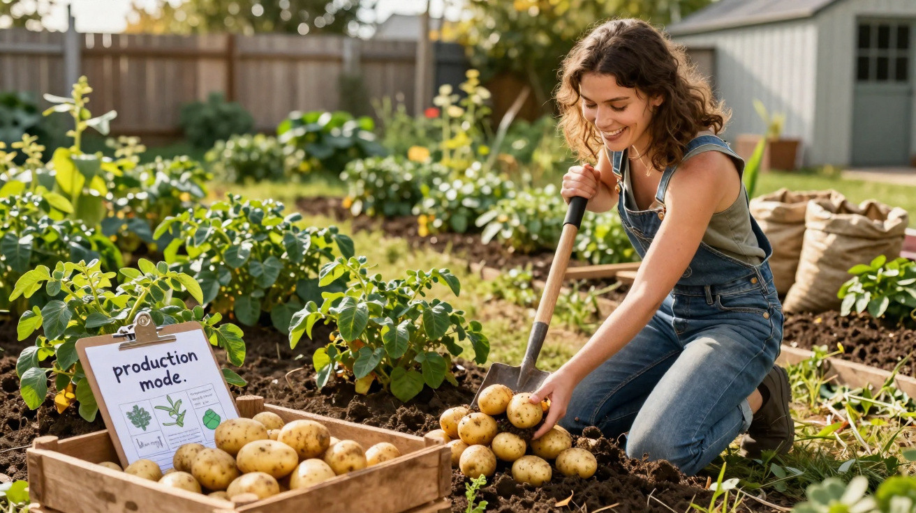 Femme souriante récoltant des pommes de terre dans un jardin potager ensoleillé.