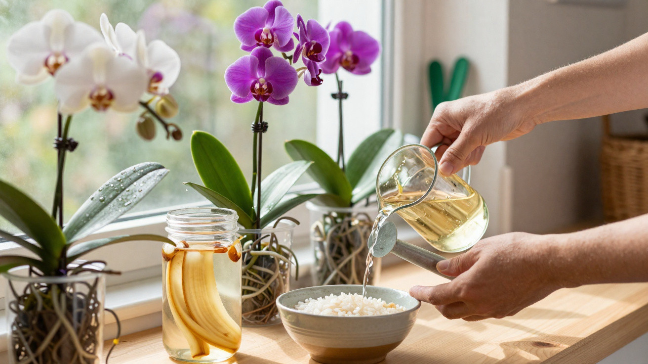 Personne versant de l'eau dans un arrosoir près de trois orchidées blanches et violettes sur un rebord de fenêtre.