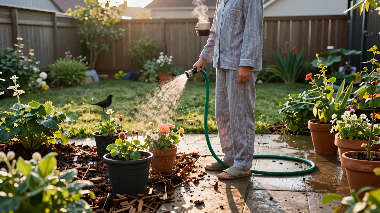 Personne en pyjama arrose les plantes dans un jardin au lever du soleil en tenant une tasse fumante.