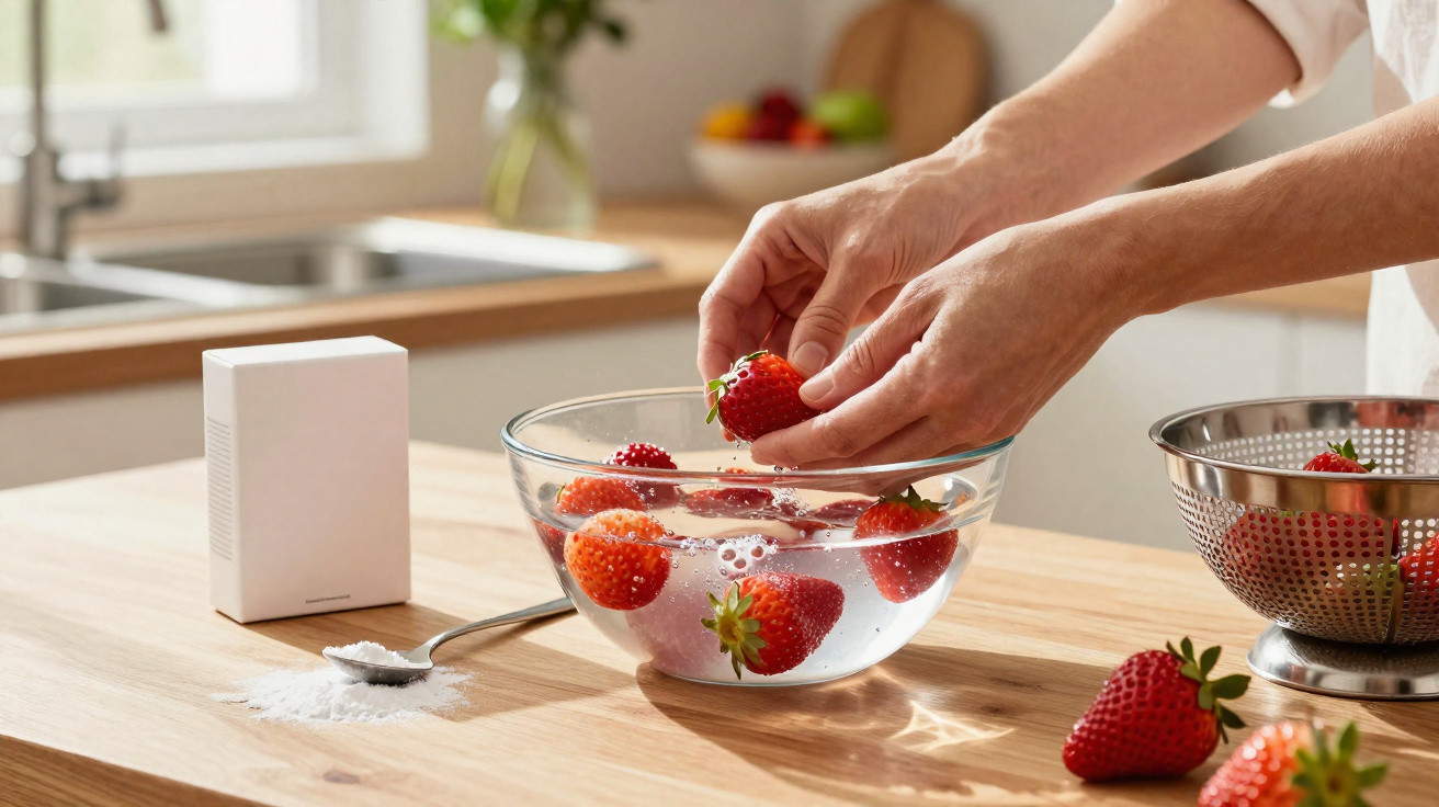 Mains lavant des fraises dans un bol d'eau avec une boîte blanche et une cuillère de poudre sur une table en bois.