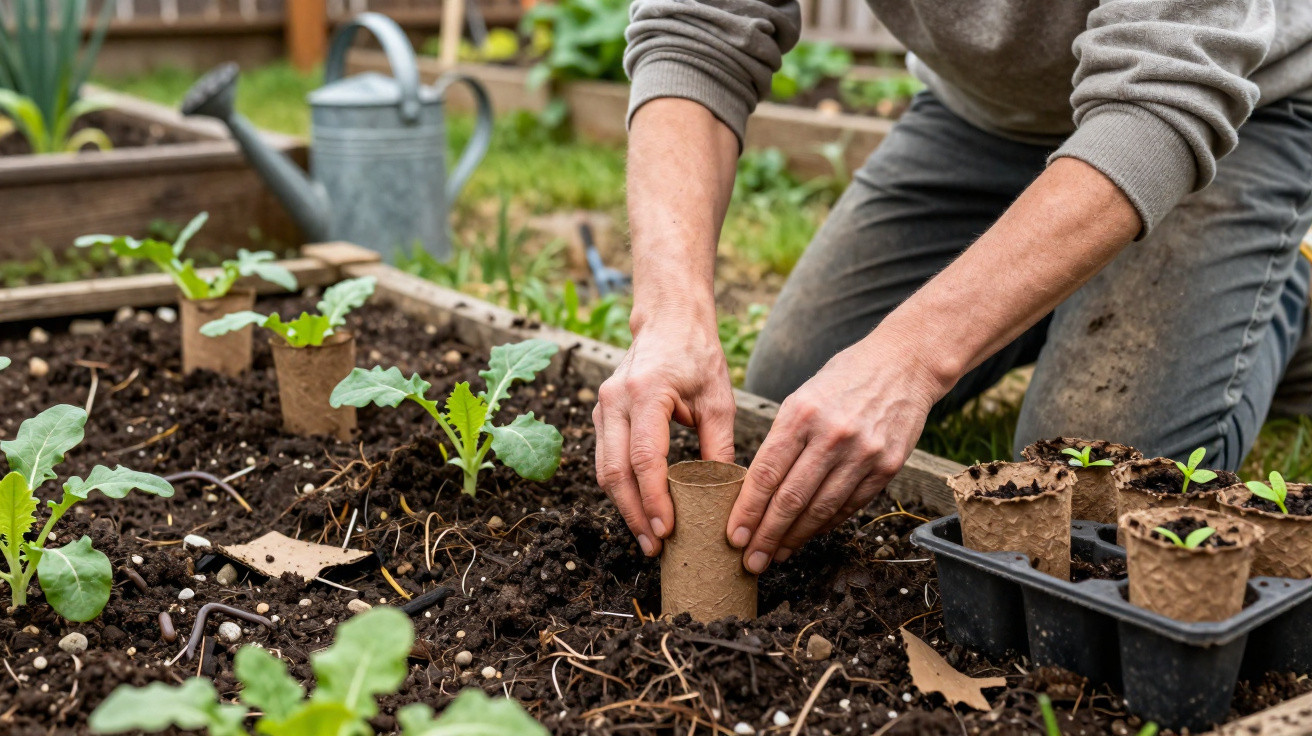 Personne plantant un godet en fibre biodégradable dans un potager avec des jeunes plants autour.