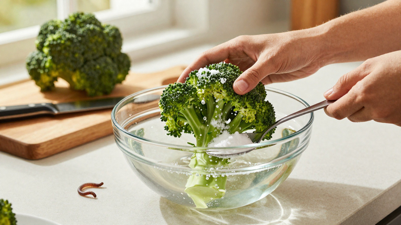 Des mains saupoudrant du sel sur un brocoli plongé dans un bol d'eau sur un plan de travail.