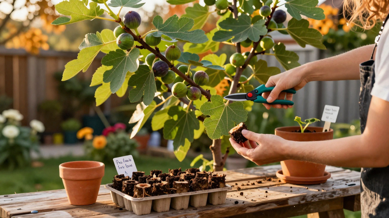 Personne en train de tailler des plants avec un sécateur sur une table en bois dans un jardin.
