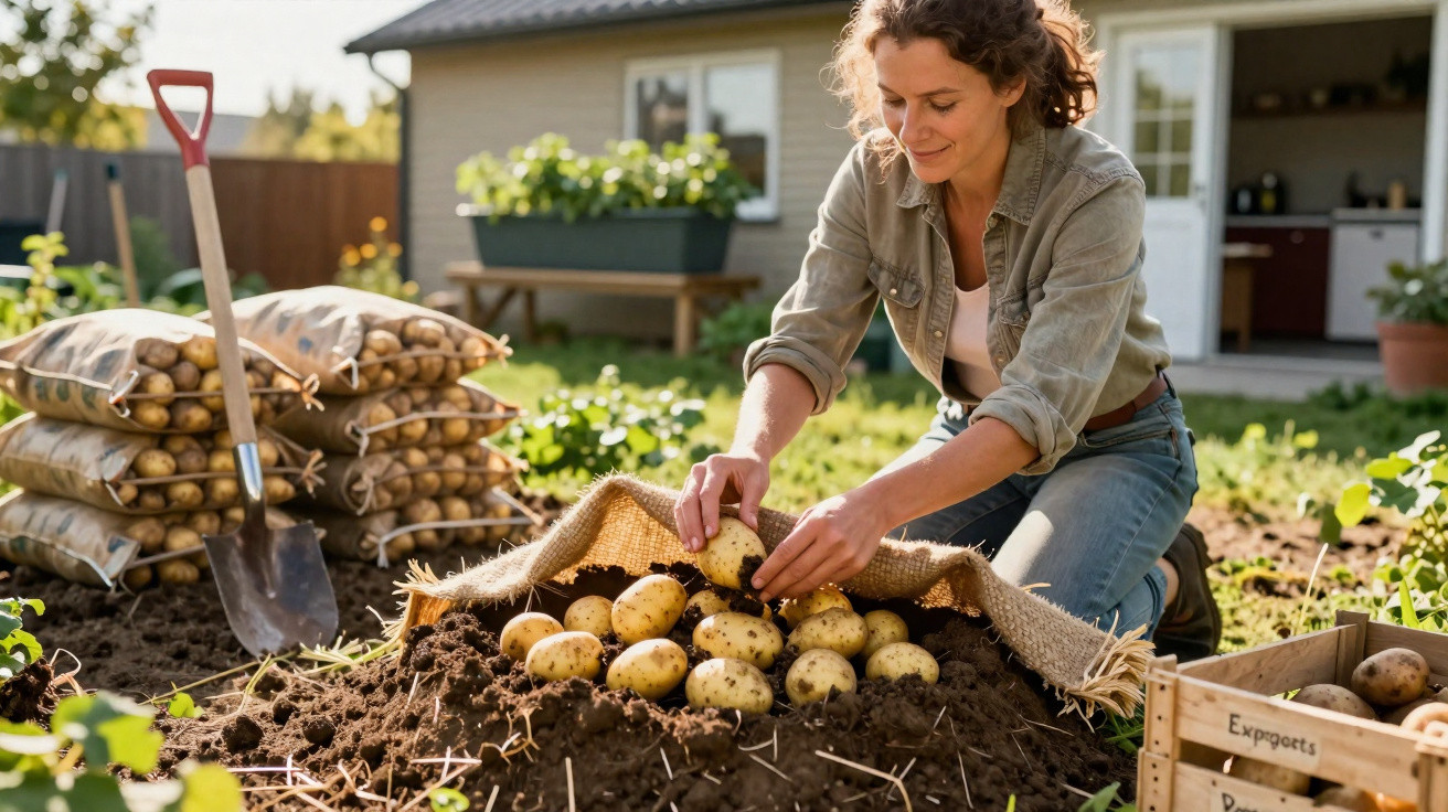 Femme récoltant des pommes de terre dans un jardin potager ensoleillé près de sa maison.