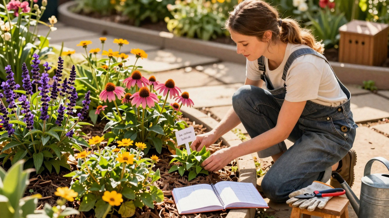 Jeune femme jardinant avec soin parmi des fleurs colorées dans un jardin ensoleillé.