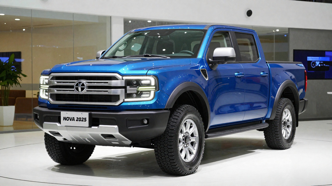 Pick-up bleu métallique neuf, quatre portes, robustes pneus tout-terrain, exposé en intérieur moderne.