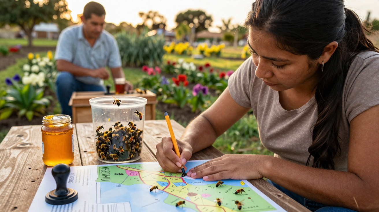 Une femme dessine sur une carte avec des abeilles sur la table, un homme et des fleurs en arrière-plan.