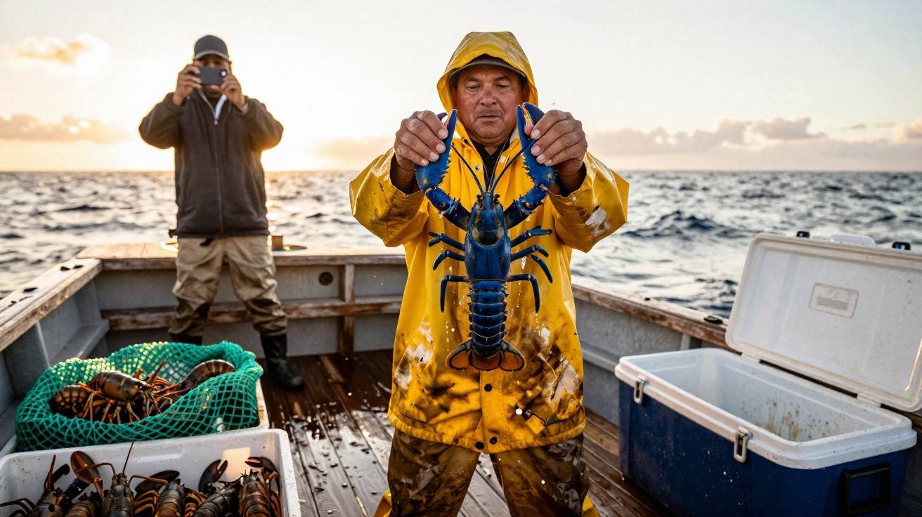 Pêcheur en ciré jaune tenant un homard bleu sur un bateau, un homme en arrière-plan prend une photo.