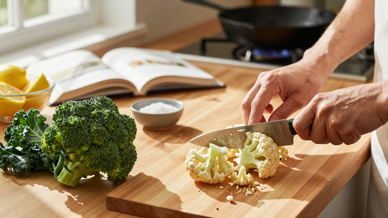 Personne coupant du chou-fleur sur une planche en bois avec du brocoli et un livre de recettes à côté.