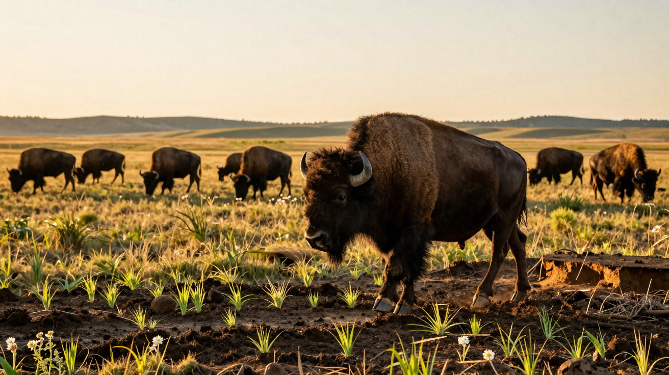 Un troupeau de bisons bruns paissant dans une prairie au coucher du soleil, avec un bison au premier plan.
