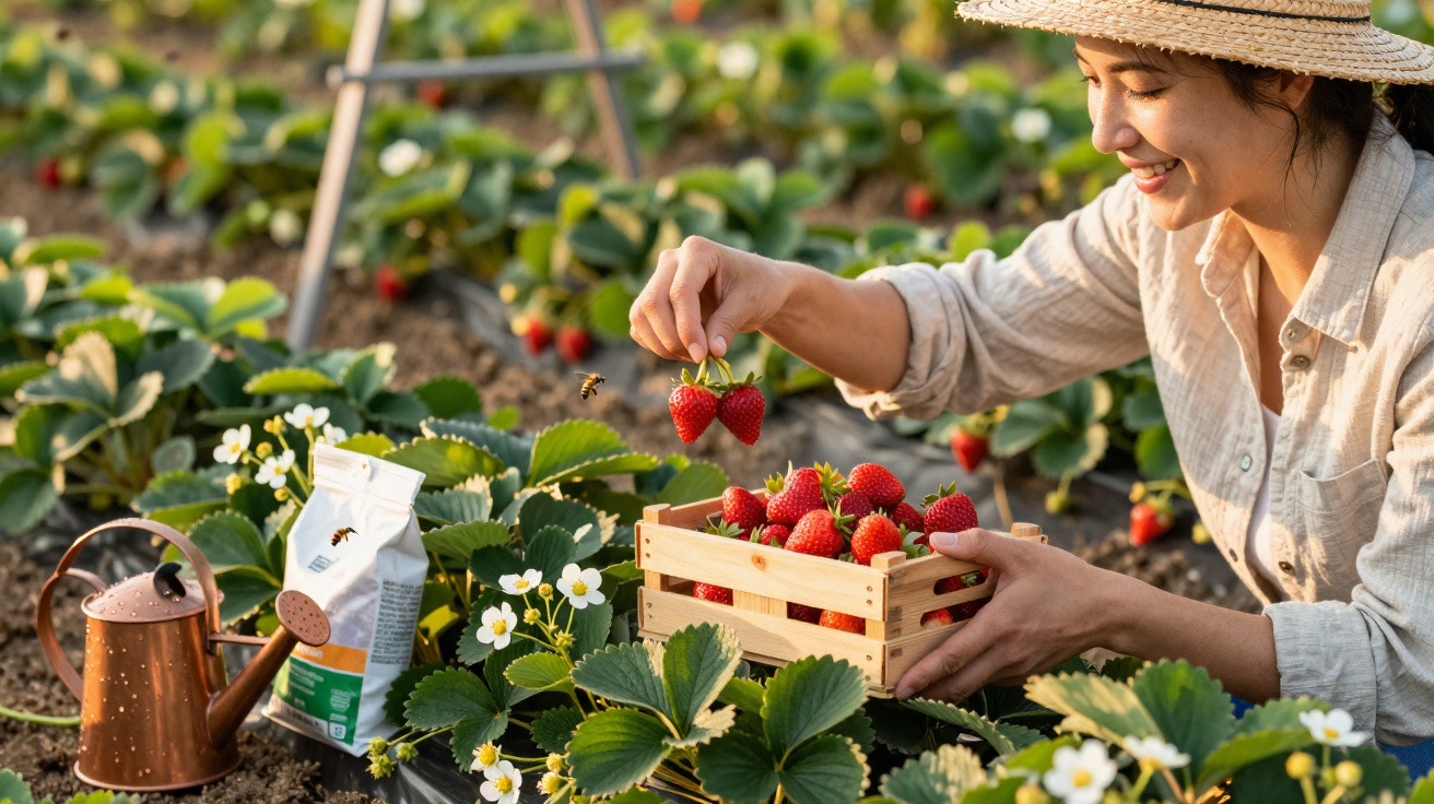 Femme souriante cueillant des fraises dans un champ avec un arrosoir et un sac d'engrais à ses côtés.