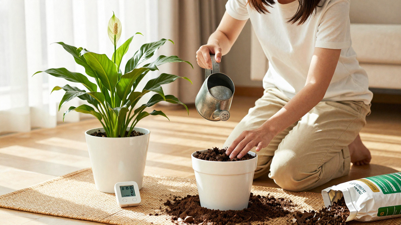 Personne arrosant une plante en pot à l'intérieur, avec un arrosoir et du terreau répandu sur un tapis.