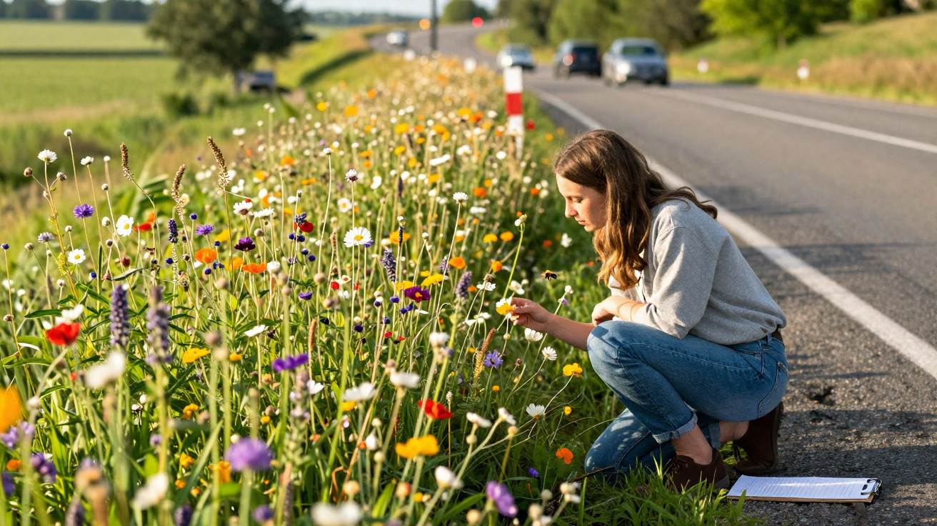 Jeune femme accroupie cueillant des fleurs sauvages au bord d'une route entourée de champs verdoyants.