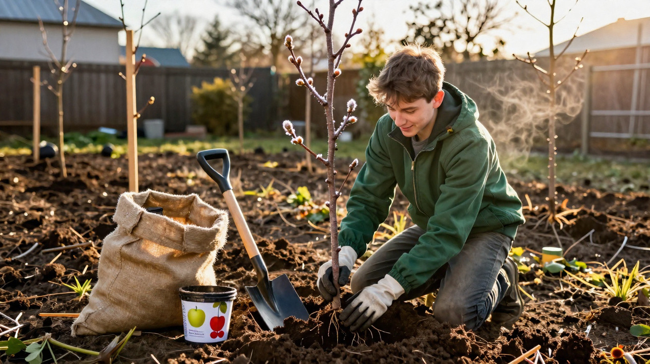 Jeune homme plantant un arbre dans un jardin au coucher du soleil avec outils et sac de terreau à côté.