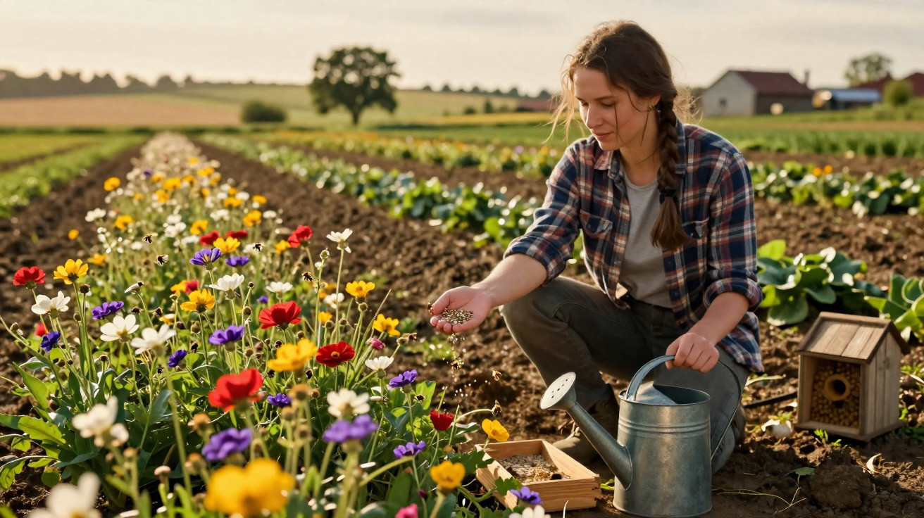 Femme en chemise à carreaux semant des graines dans un champ de fleurs colorées par une journée ensoleillée.