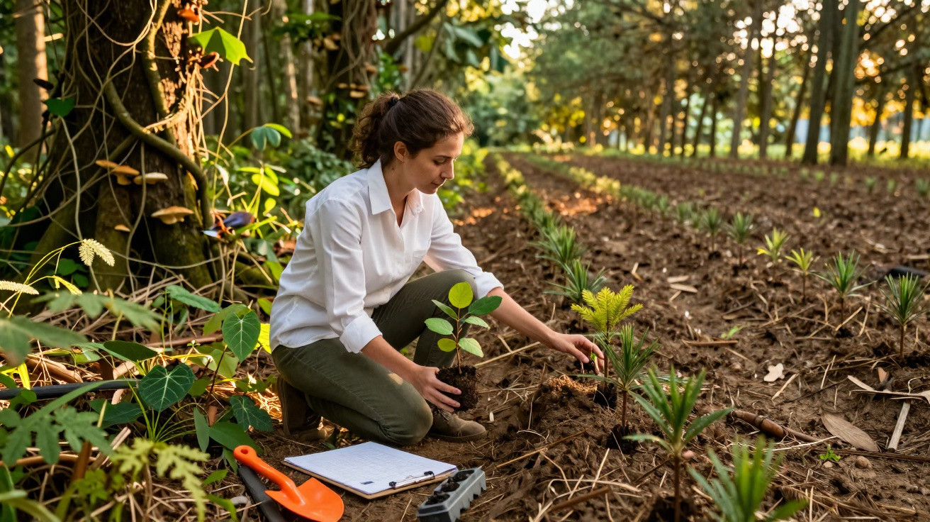 Jeune femme plantant un arbre dans un champ, entourée de nature, avec carnet et outils au sol.