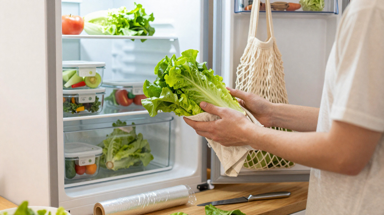 Personne range une laitue dans un réfrigérateur rempli de légumes frais et boîtes en plastique.