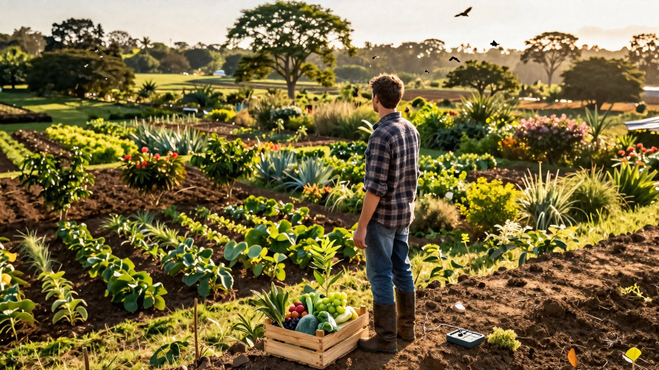 Un homme debout dans un jardin potager luxuriant, entouré de légumes frais et de plantes variées au coucher du soleil.