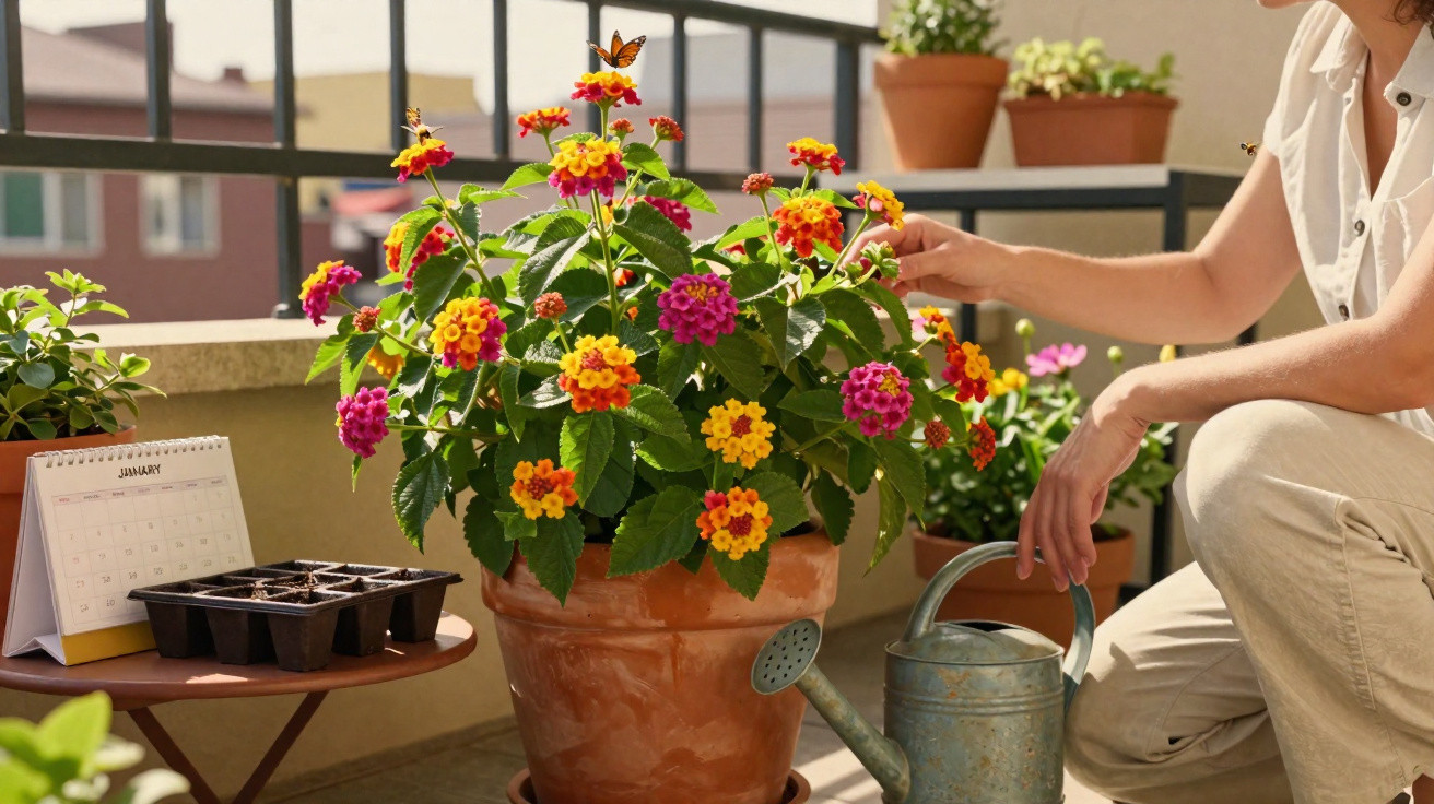 Personne arrosant une plante fleurie en pot sur un balcon ensoleillé avec un papillon posé sur une fleur.