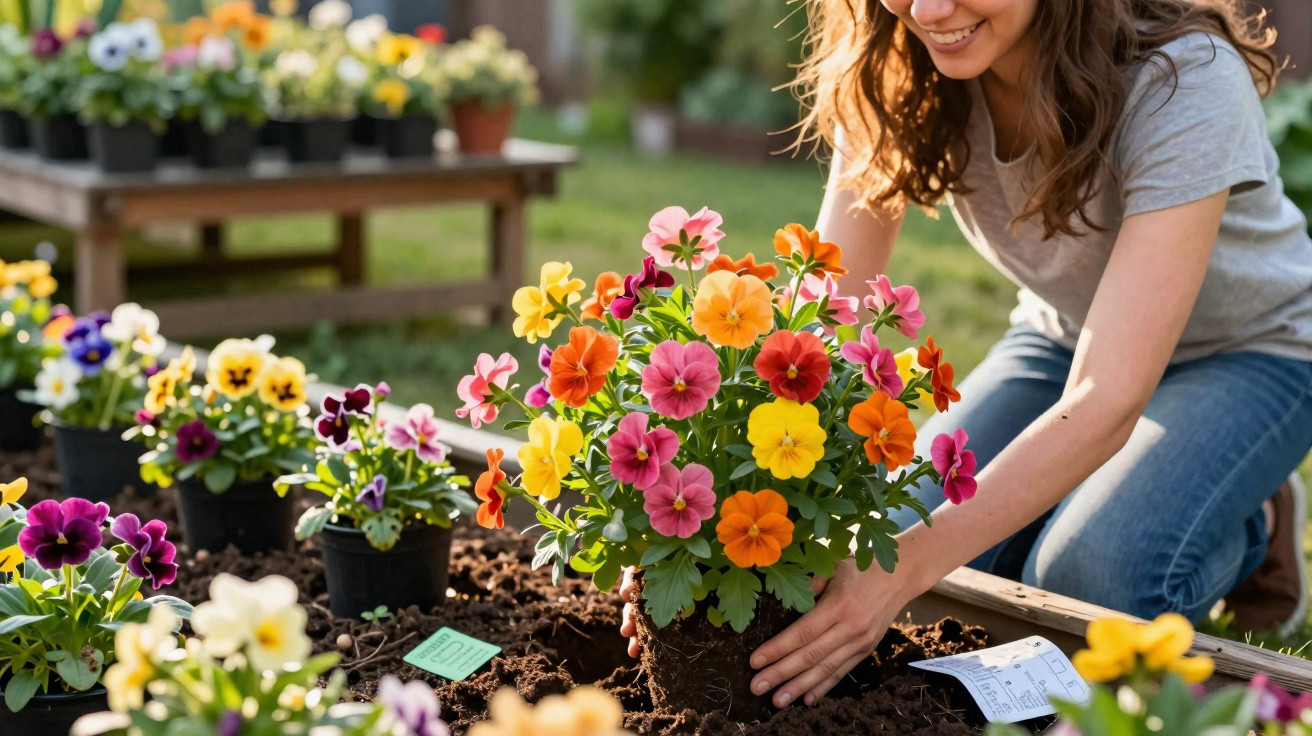 Femme souriante plantant des pensées multicolores dans un jardin en plein air sous le soleil.