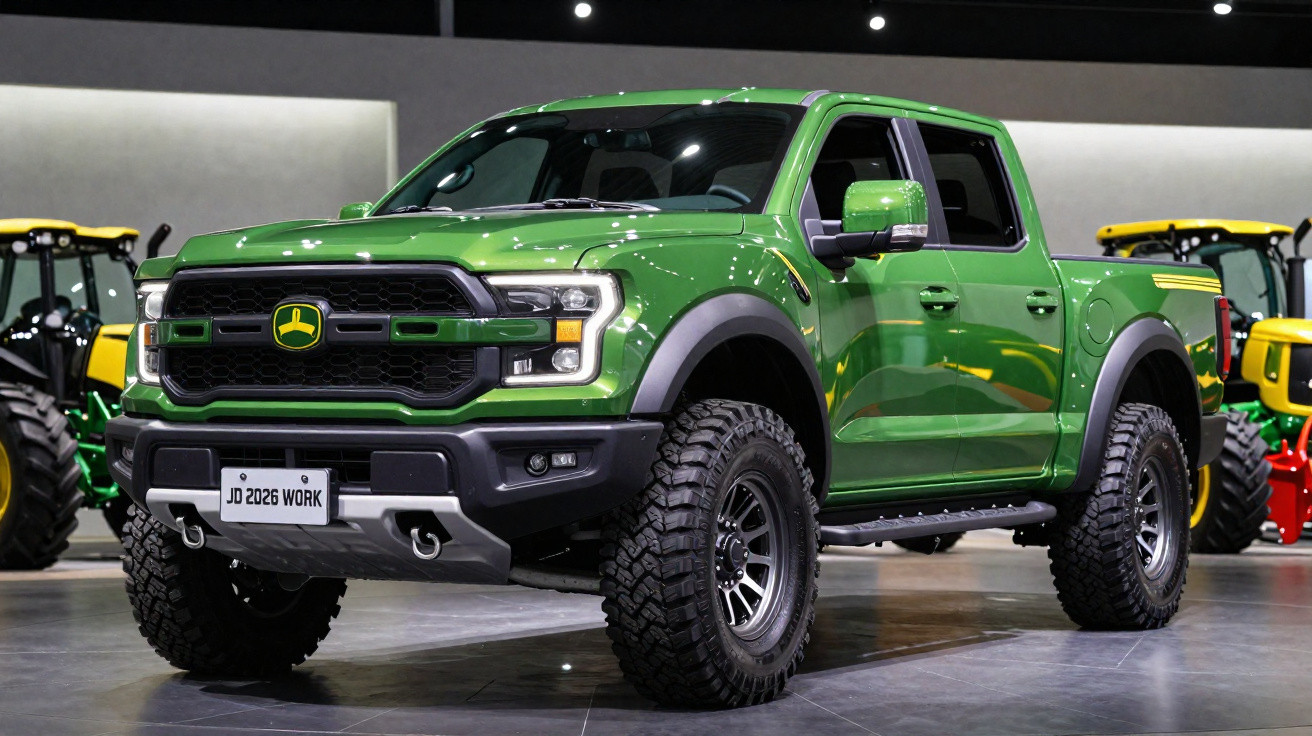 Pick-up vert John Deere avec roues tout-terrain exposé en intérieur, entouré de tracteurs agricoles.