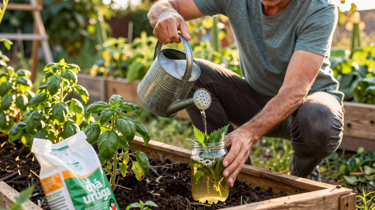 Un homme arrose des plantes avec un arrosoir dans un jardin potager en pleine lumière du jour.