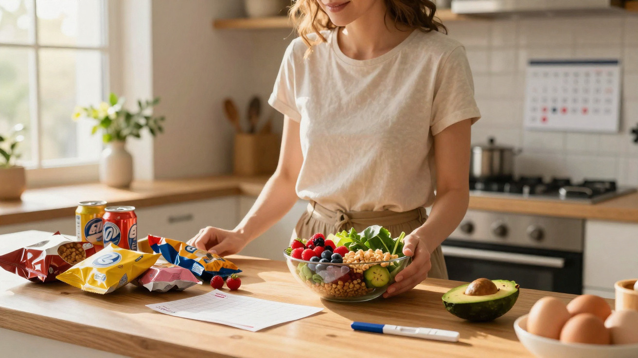 Femme préparant une salade de légumes frais et fruits dans une cuisine lumineuse moderne.