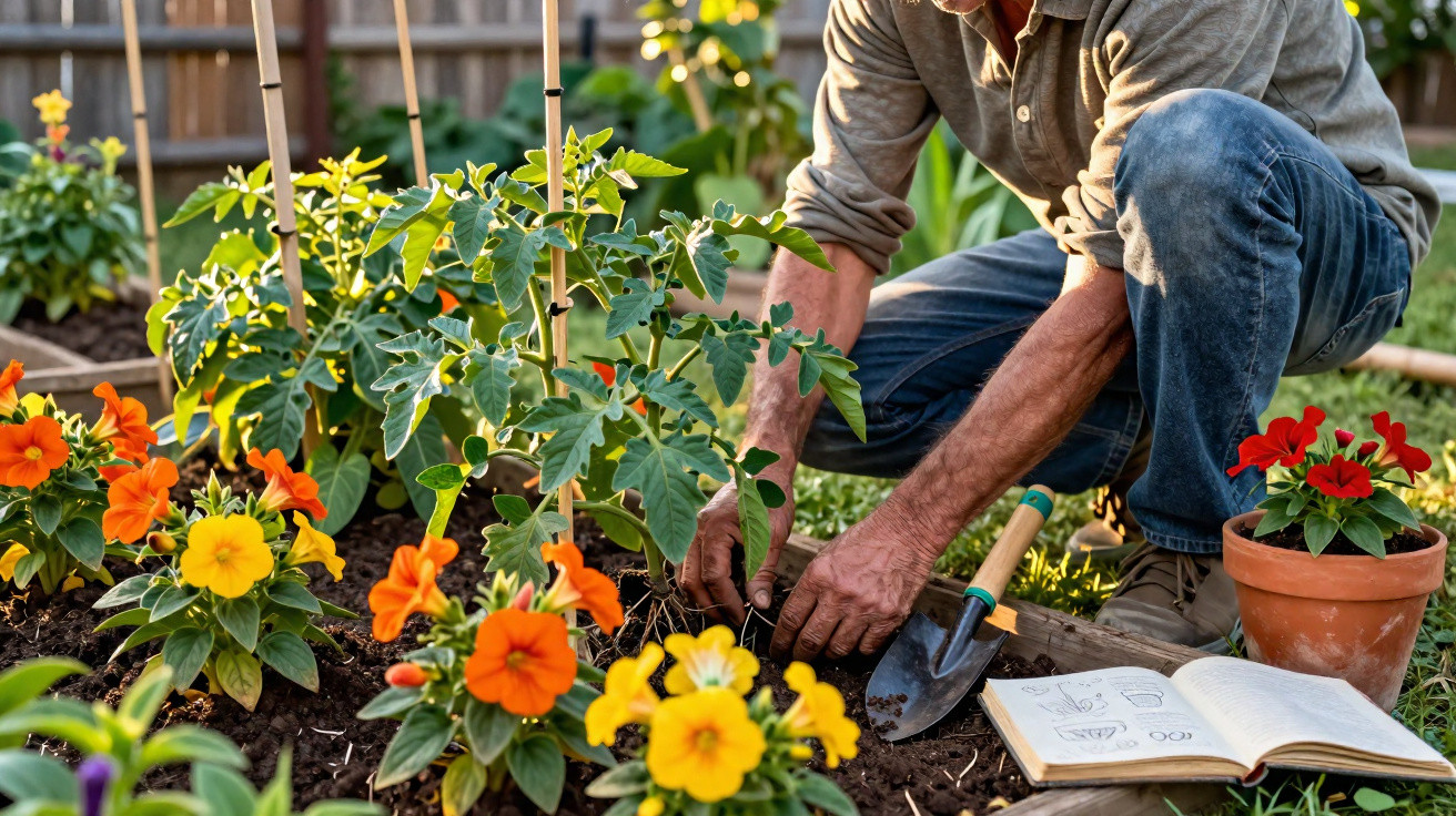 Personne jardine, plantant un plant dans un potager avec fleurs colorées et un carnet ouvert à côté.