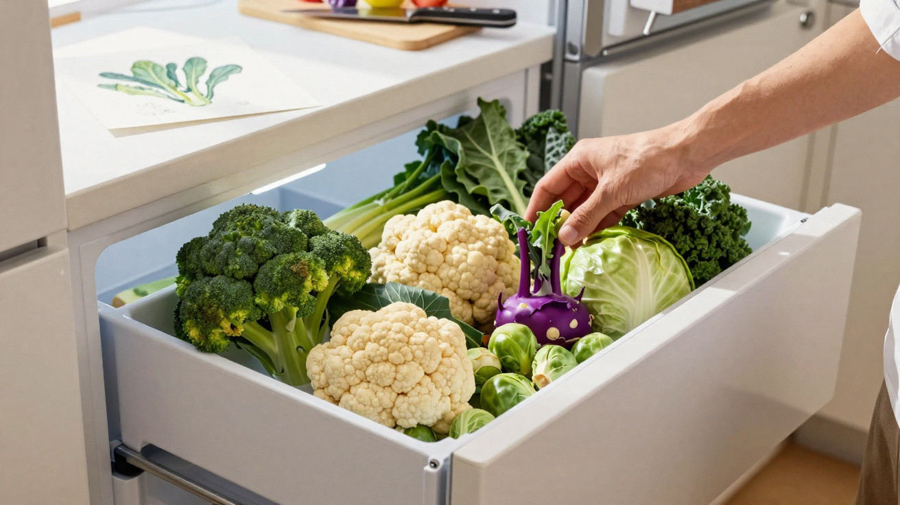 Tiroir de cuisine ouvert rempli de légumes frais dont brocoli, chou-fleur, chou, choux de Bruxelles et main saisissant un cho