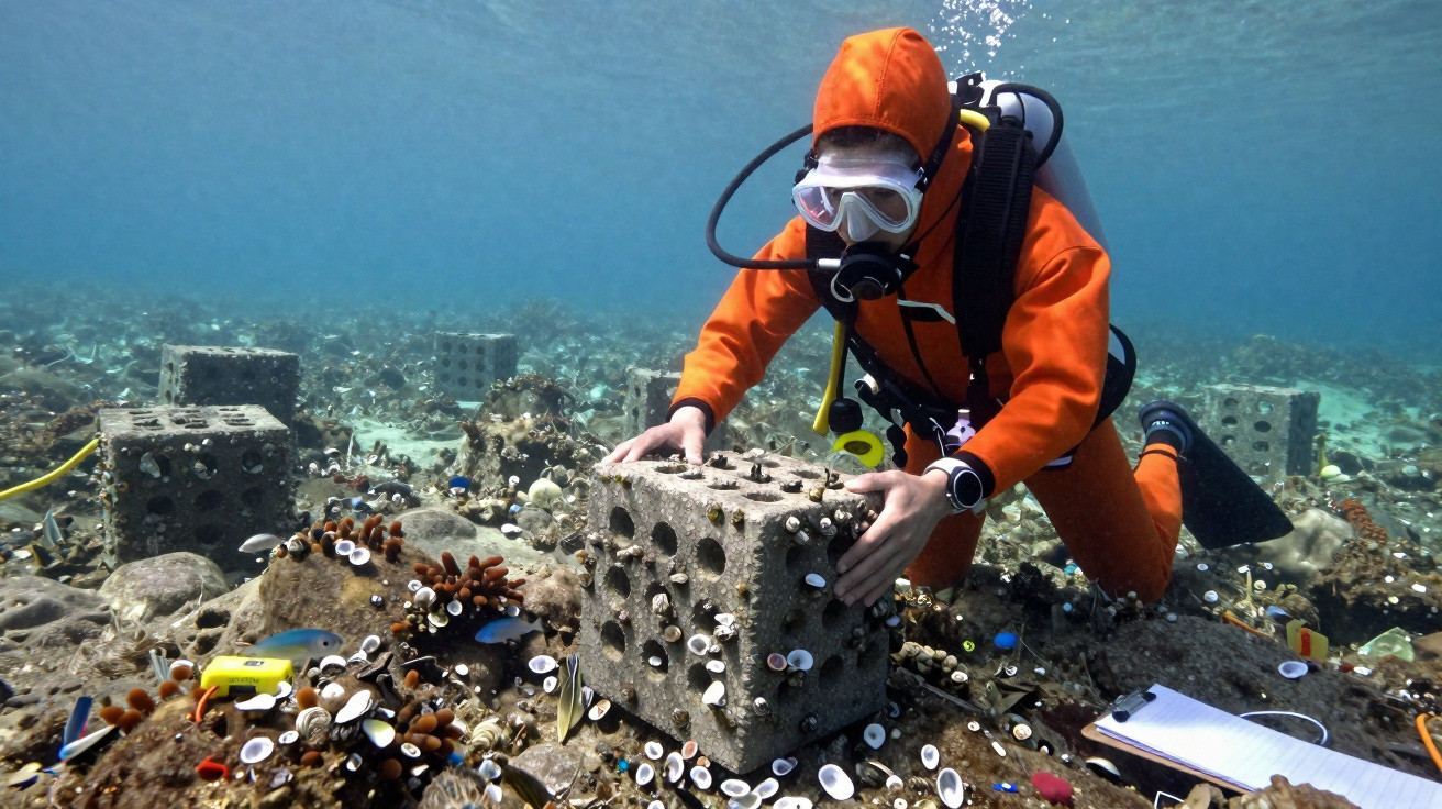 Plongeur en combinaison orange installe un module en béton pour la restauration de coraux sous-marin.