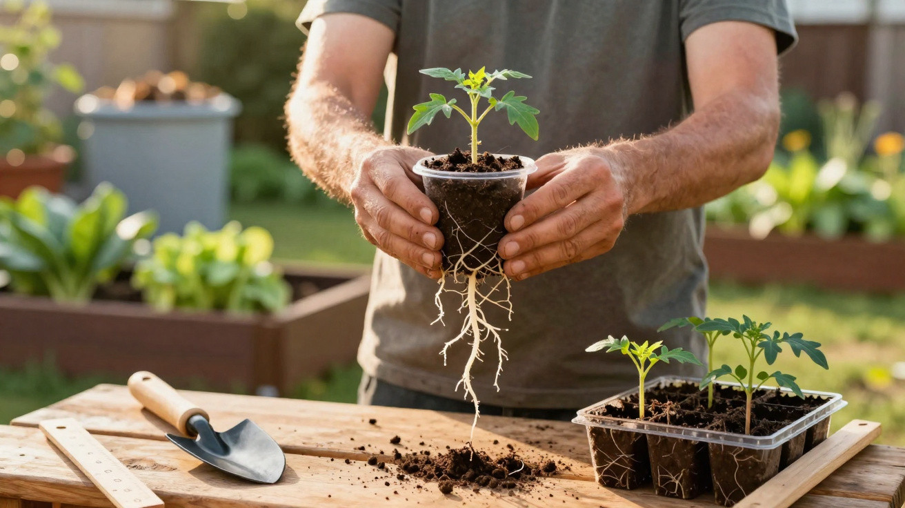 Personne tenant un jeune plant de tomate avec racines visibles prêt à être repiqué au jardin.