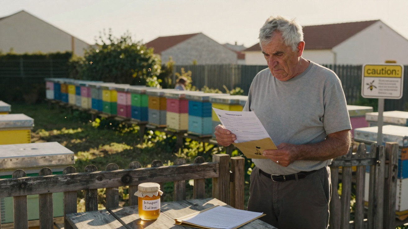 Homme âgé lisant un document devant des ruches colorées, pot de miel sur la table à l'avant-plan.