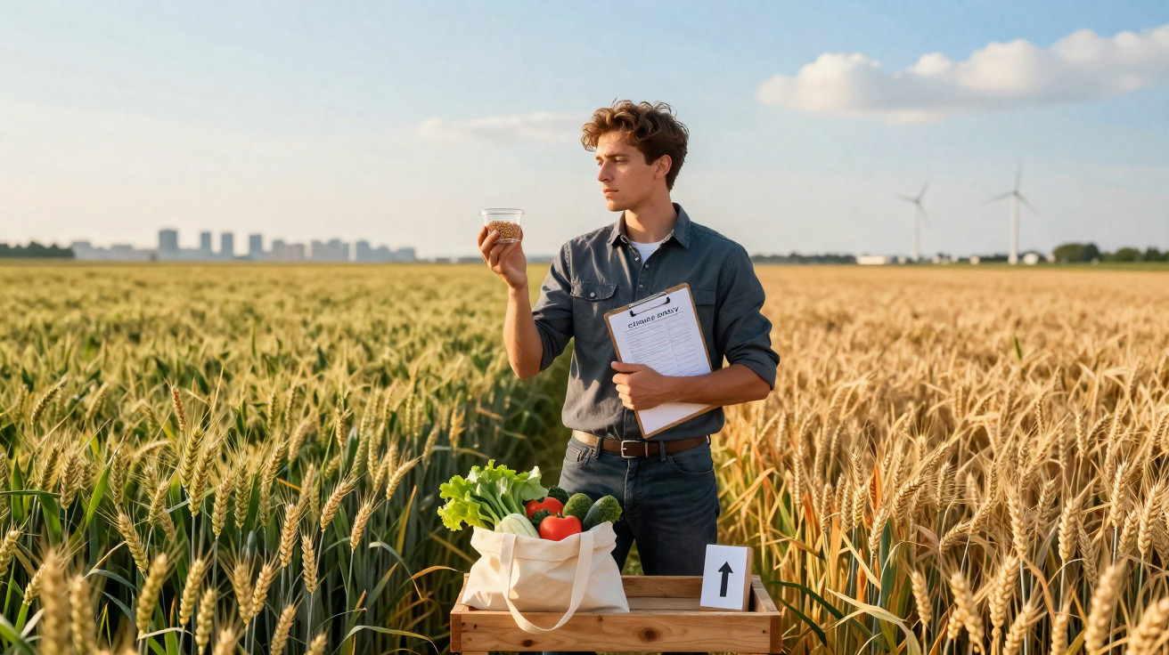 Homme debout dans un champ de blé, tenant un pot de graines et un clipboard, avec un sac de légumes frais.