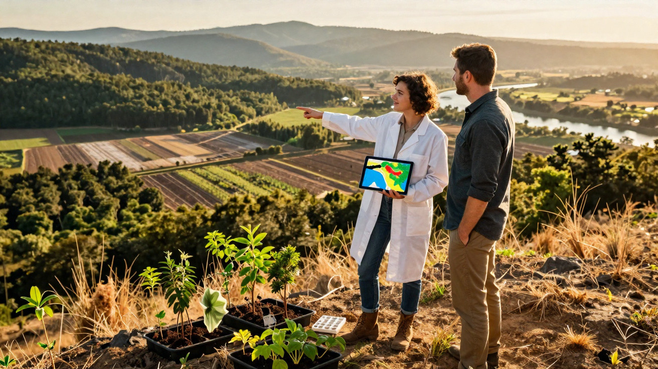 Deux chercheurs observent une plantation en terrasses avec des collines et une tablette affichant une carte colorée.