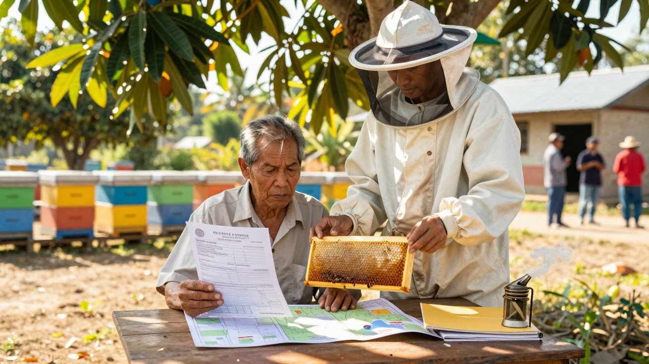 Deux apiculteurs examinent un cadre de ruche et des documents assis à une table en plein air.