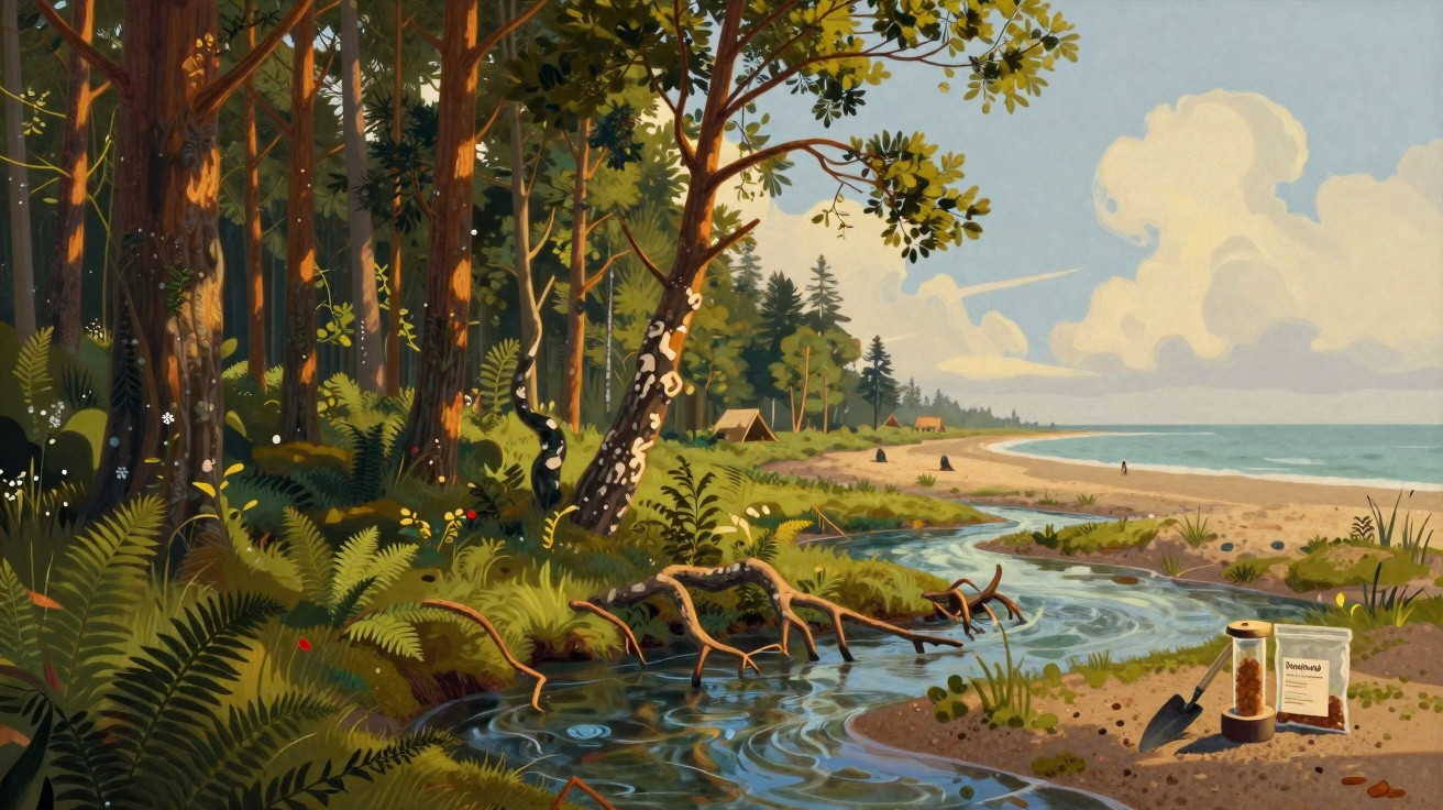 Forêt dense au bord d'une rivière s'écoulant vers une plage avec ciel nuageux et tentes au loin.