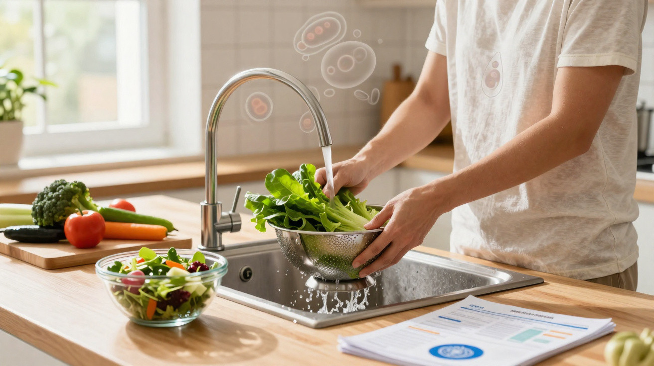 Personne lavant des feuilles de salade à l'eau claire dans une cuisine moderne avec légumes frais sur le plan de travail.