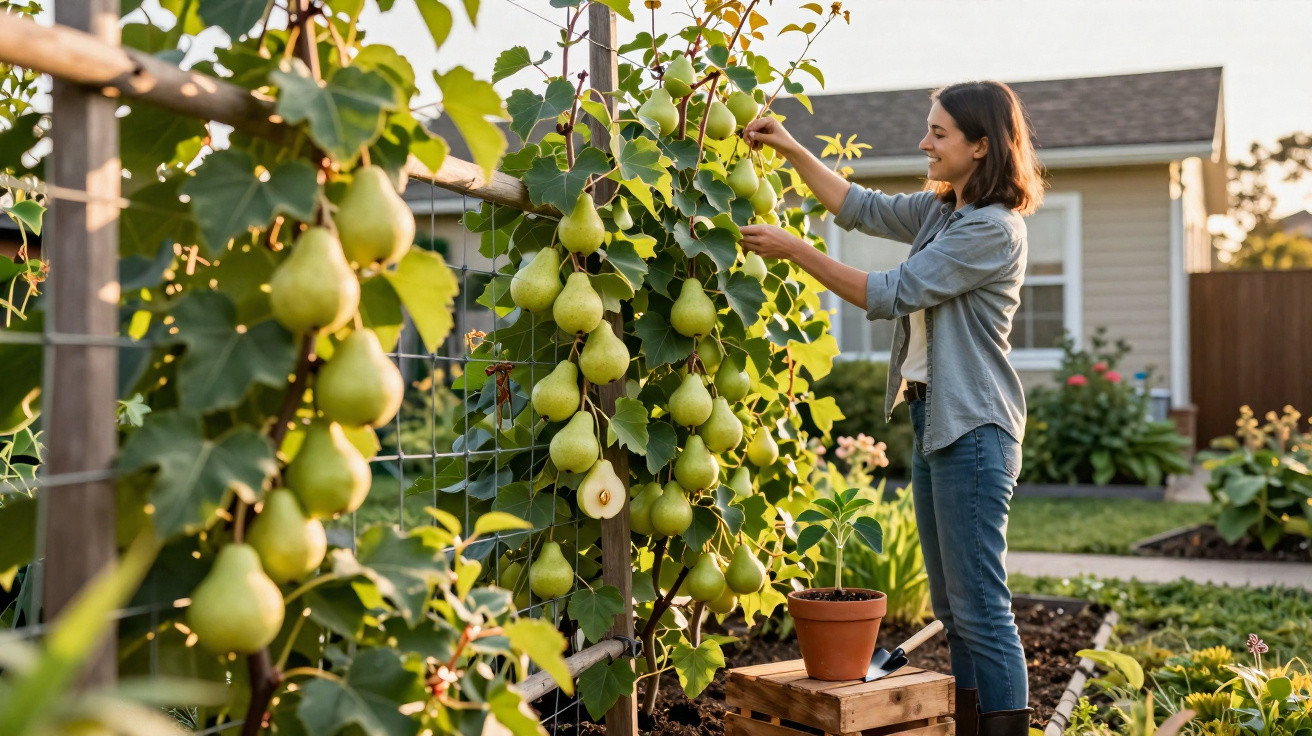 Femme récoltant des poires sur un treillis dans un jardin devant une maison en fin de journée.