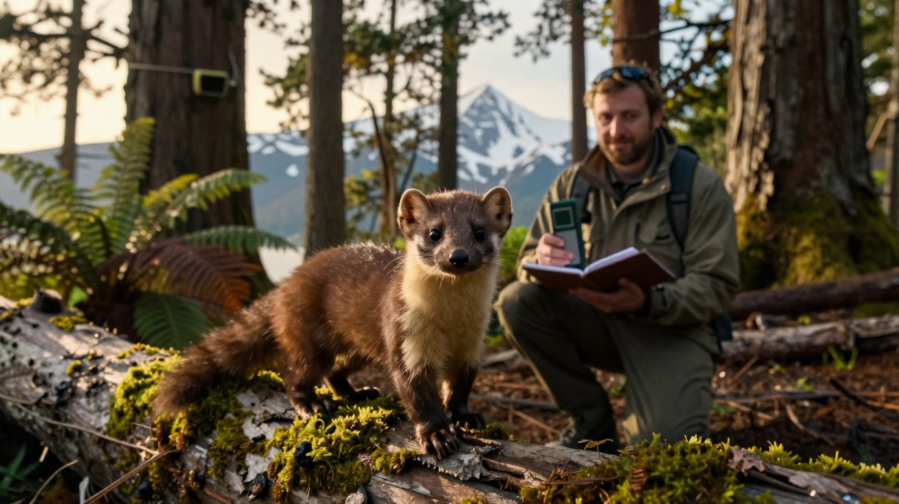 Un chercheur observe une martre posée sur une souche dans une forêt montagneuse.