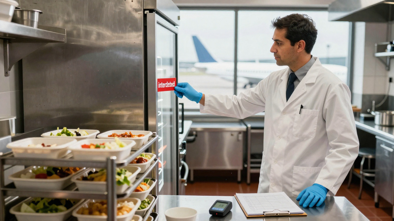 Un spécialiste en blouse blanche et gants bleus inspecte des plats préparés dans une cuisine professionnelle.