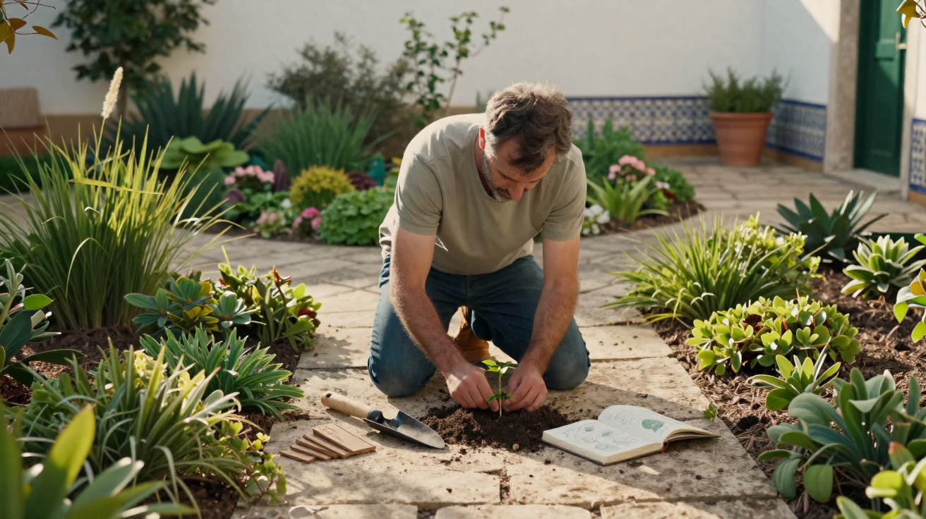 Homme agenouillé dans un jardin, plantant une petite plante avec outil et guide ouvert à côté.