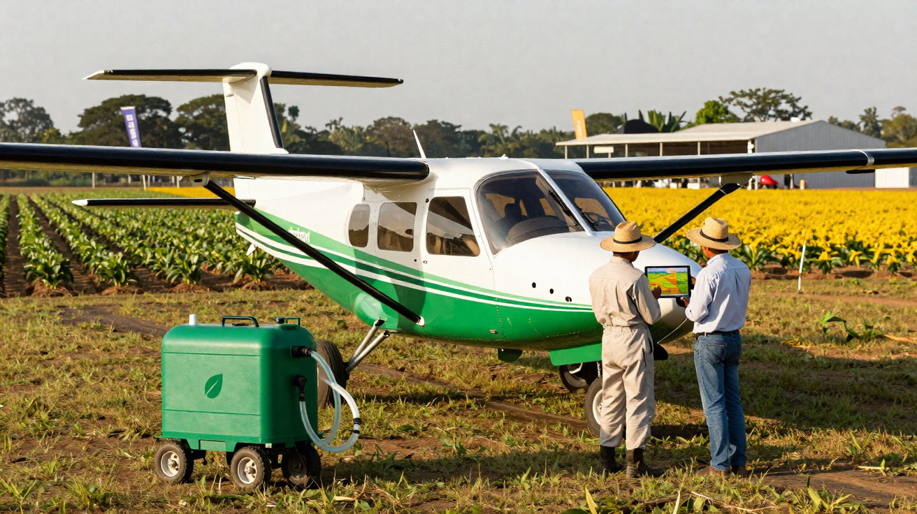 Deux agriculteurs consultent une tablette devant un avion léger dans un champ agricole ensoleillé.