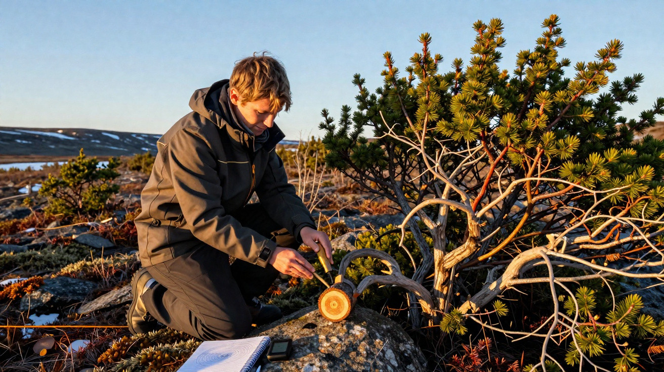 Personne en tenue extérieure observant une coupe transversale d’un tronc d’arbre sur un rocher en milieu naturel.