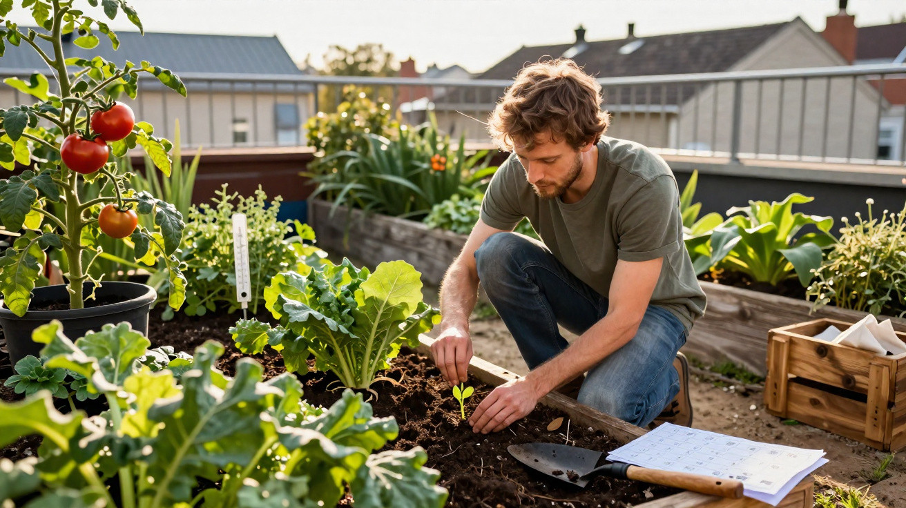 Homme plantant une jeune pousse dans un jardin potager urbain sur un toit au soleil couchant.
