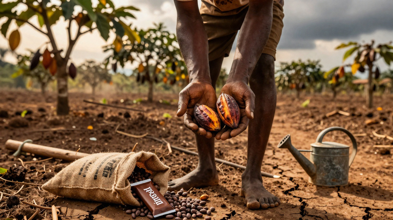 Un agriculteur tient deux cabosses de cacao dans une plantation avec un sac, des graines et un arrosoir au sol.