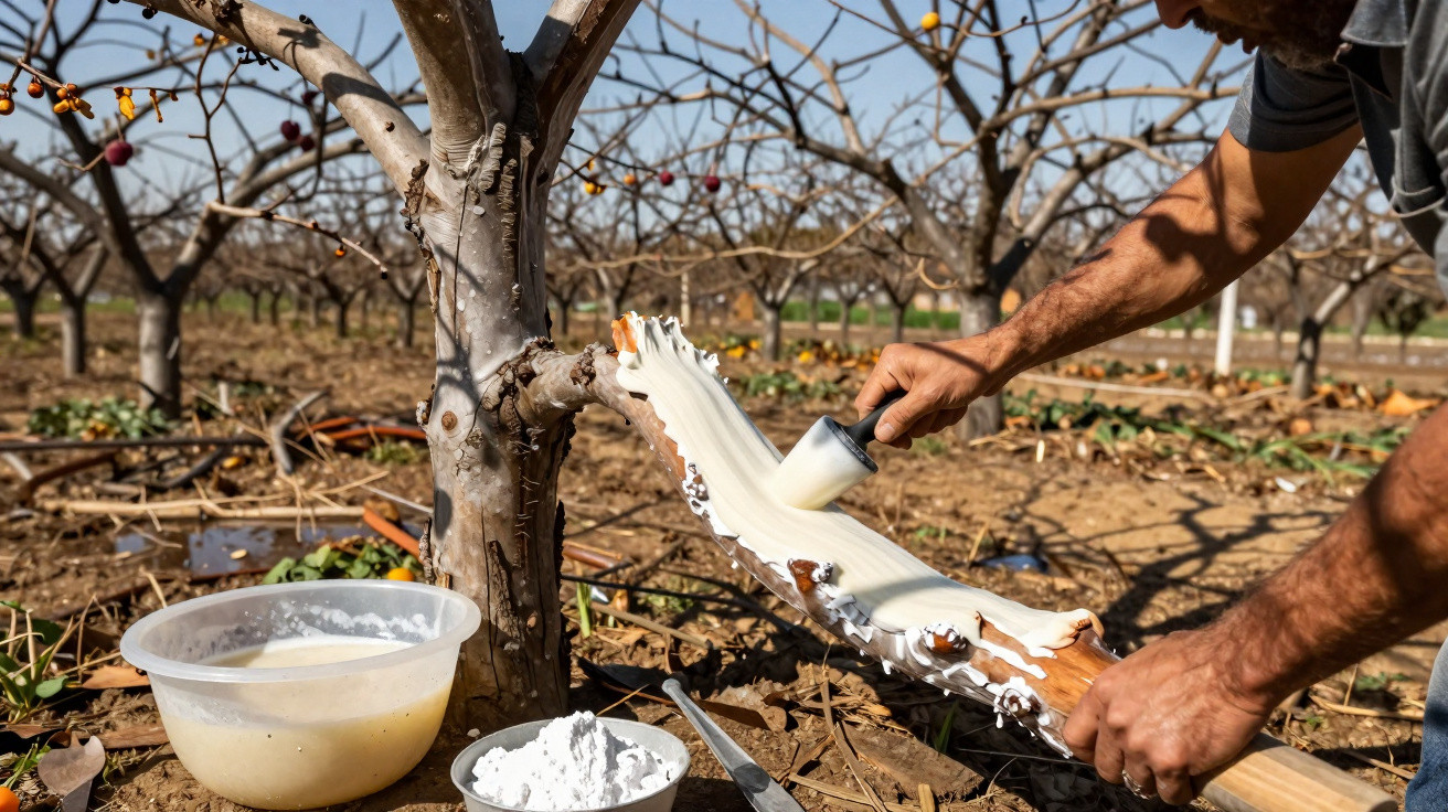 Un homme applique une peinture blanche sur une branche d'arbre dans un verger ensoleillé.