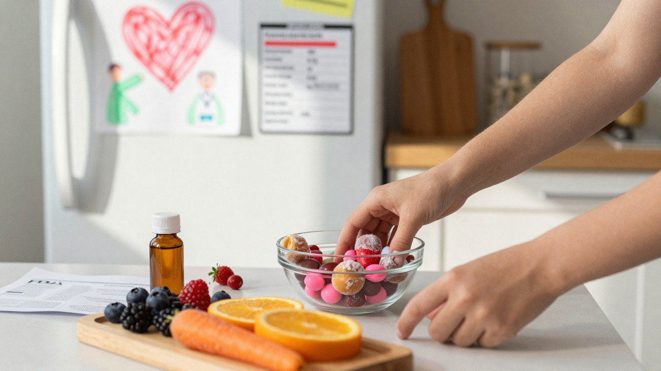 Mains prenant des bonbons dans un bol, avec fruits, légume et flacon de médicament sur table de cuisine.