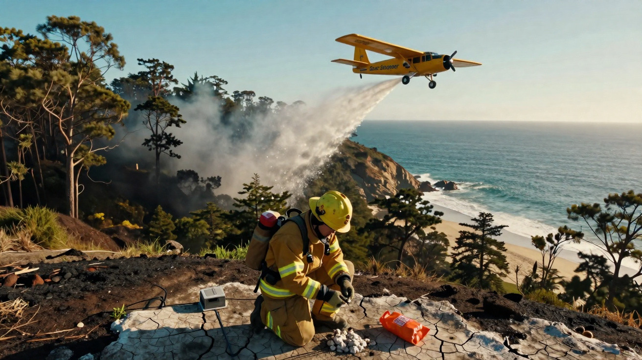 Pompier en tenue jaune au sol près d’une forêt brûlée, un avion jaune pulvérise de l’eau sur l’incendie.