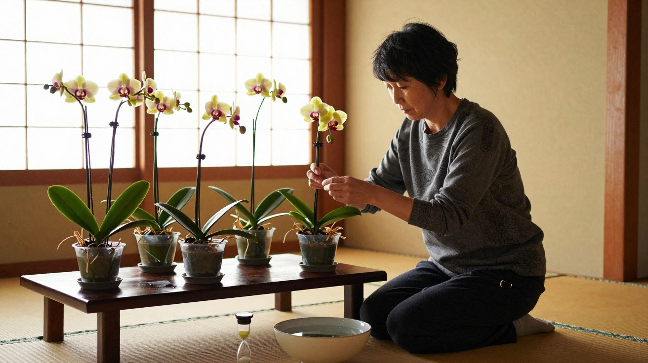 Femme assise au sol dans une pièce japonaise prend soin d’orchidées sur une petite table basse en bois.