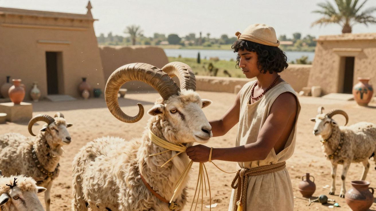 Jeune homme en tenue traditionnelle attachant une corde autour du cou d’un bélier aux grandes cornes en plein désert.
